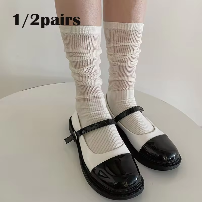 1/2 Pairs Women Lolita Thin Mid Length Socks Are Comfortable Breathable Knee-socks Lace Casual Soft Solid Vertical Socks